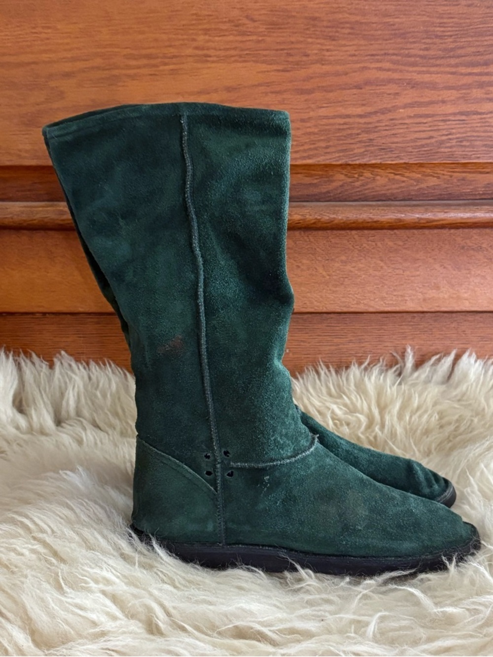 Dark Green Suede Mid-Calf Boots